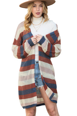 Dark Blue Color Block Striped Cut Out Knit Cardigan