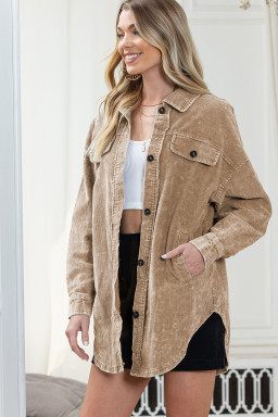 Khaki Vintage Distressed Mineral Wash Oversized Shacket