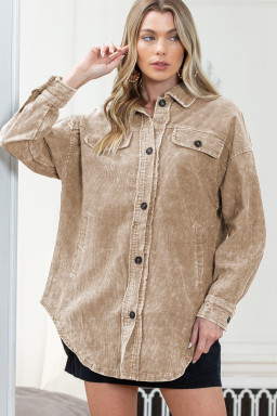 Khaki Vintage Distressed Mineral Wash Oversized Shacket