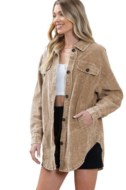 Khaki Vintage Distressed Mineral Wash Oversized Shacket