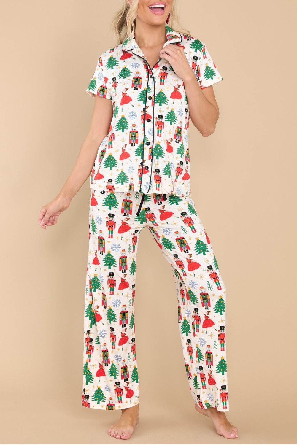 Shewin Wholesale Apparel White Christmas Tree Nutcracker Shirt & PANTS Pajama Set