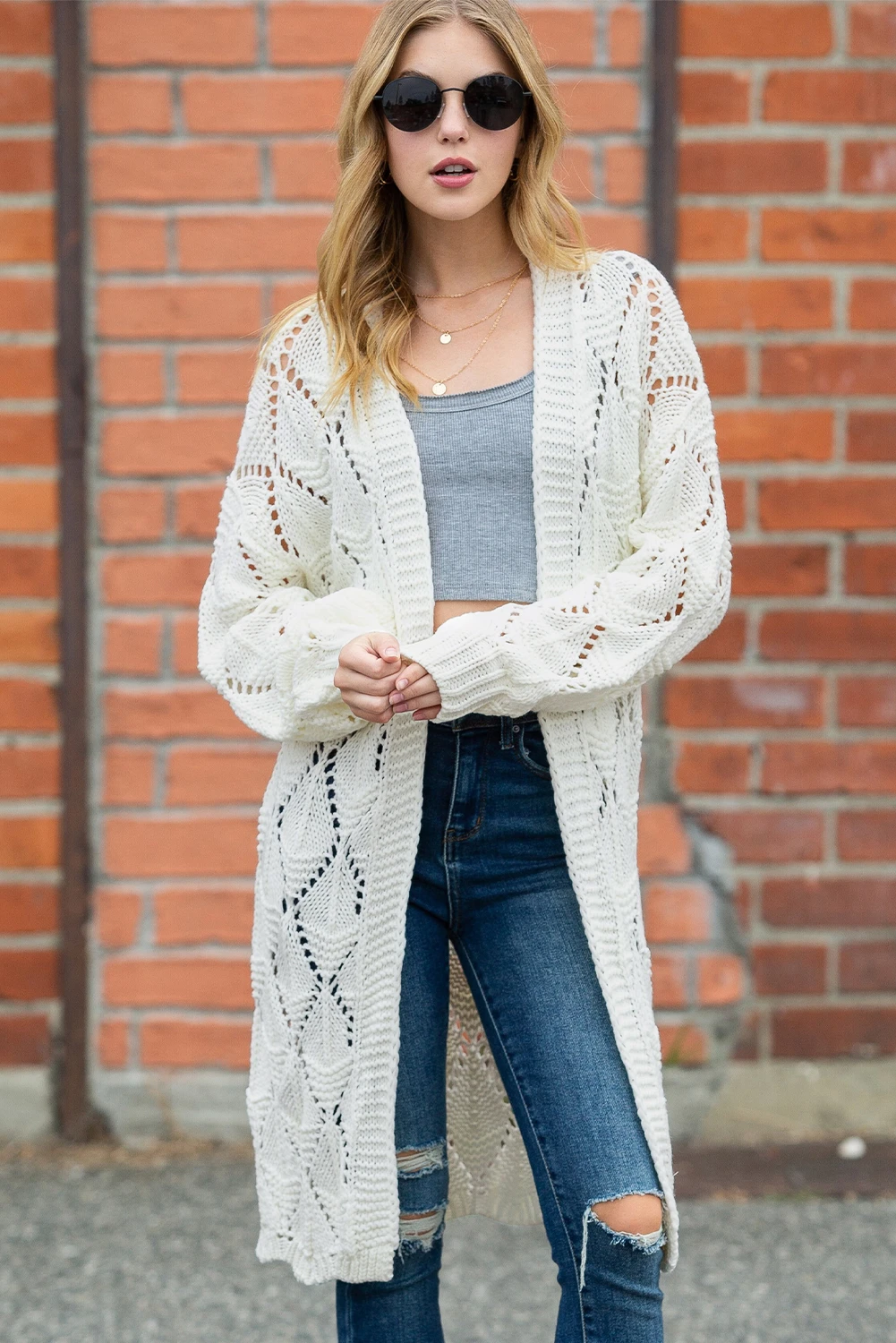 White Crochet Knit Hollowed Open Front Cardigan | Shewin Wholesale