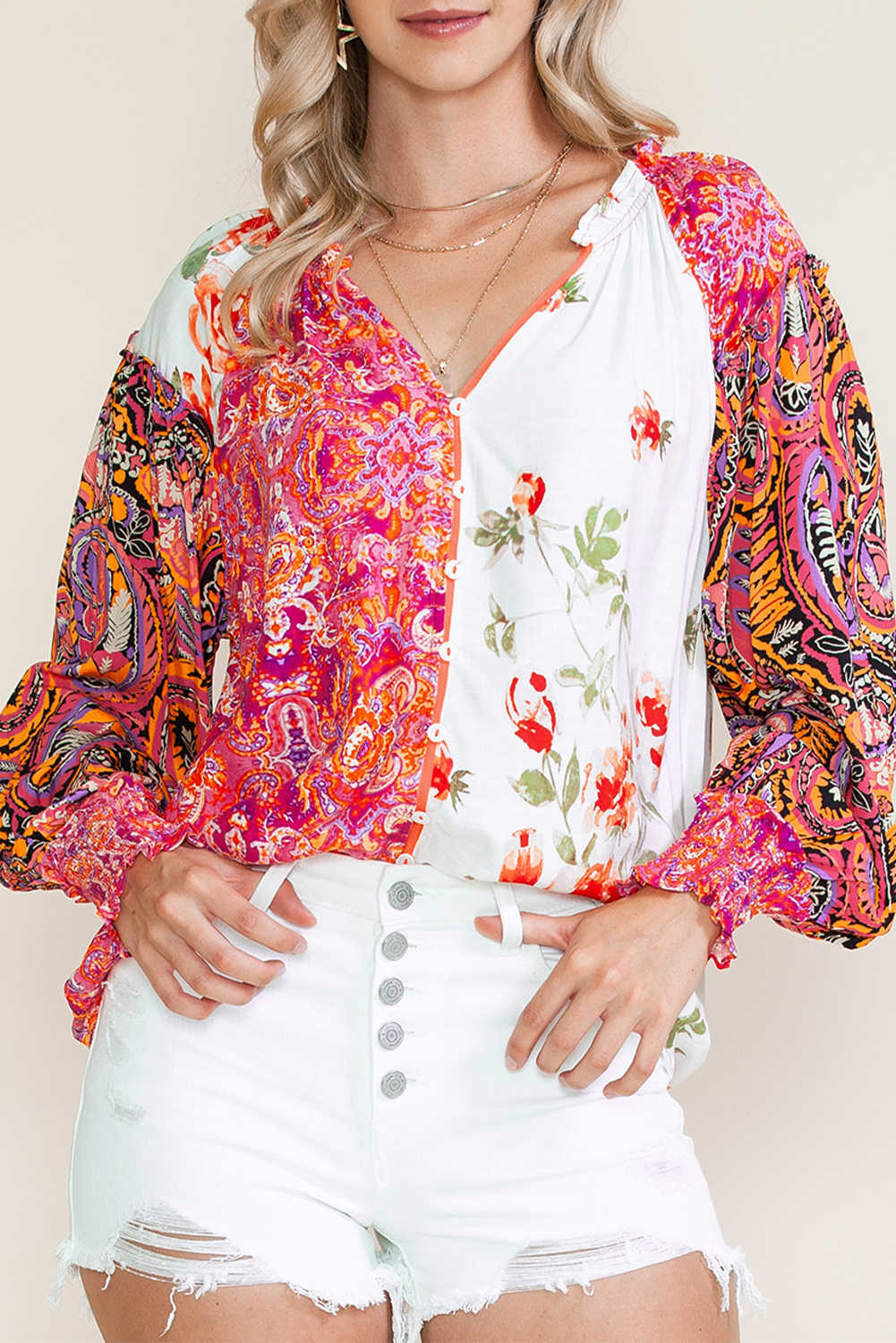 Multicolor Floral Patchwork Shirred Cuff Buttoned V Neck Blouse