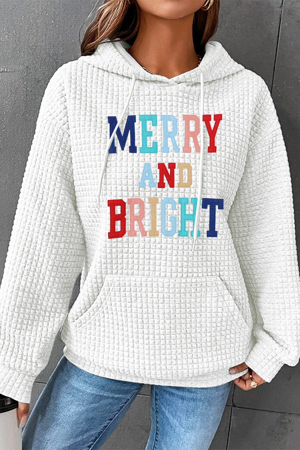 White MERRY AND BRIGHT Lattice Texture Graphic Hoodie