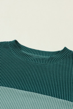 Dark Green Color Block Ribbed Loose Long Sleeve Top
