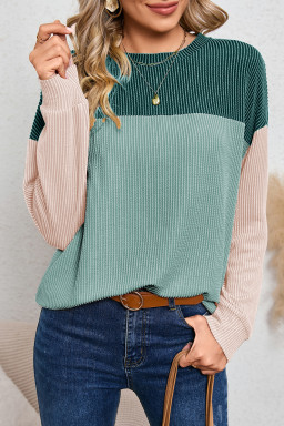 Dark Green Color Block Ribbed Loose Long Sleeve Top
