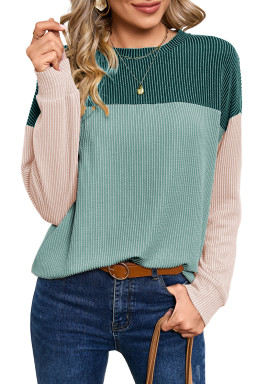 Dark Green Color Block Ribbed Loose Long Sleeve Top