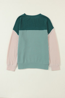 Dark Green Color Block Ribbed Loose Long Sleeve Top