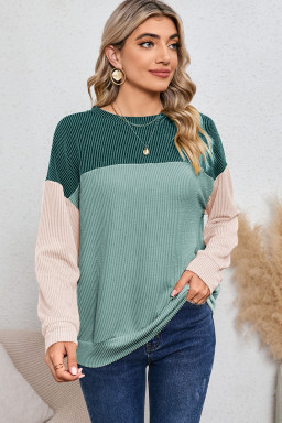 Dark Green Color Block Ribbed Loose Long Sleeve Top