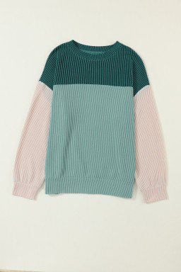 Dark Green Color Block Ribbed Loose Long Sleeve Top