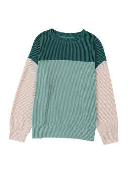 Dark Green Color Block Ribbed Loose Long Sleeve Top