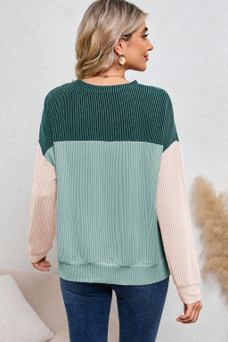 Dark Green Color Block Ribbed Loose Long Sleeve Top