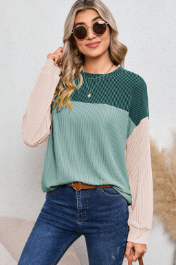 Dark Green Color Block Ribbed Loose Long Sleeve Top