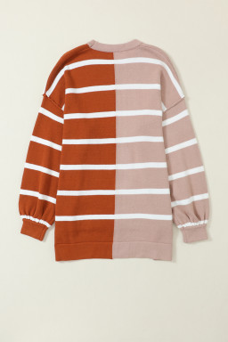 Brown Contrast Striped Print Dropped Shoulder Oversized Top