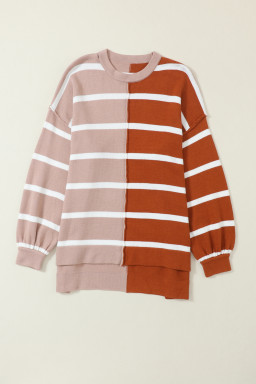 Brown Contrast Striped Print Dropped Shoulder Oversized Top