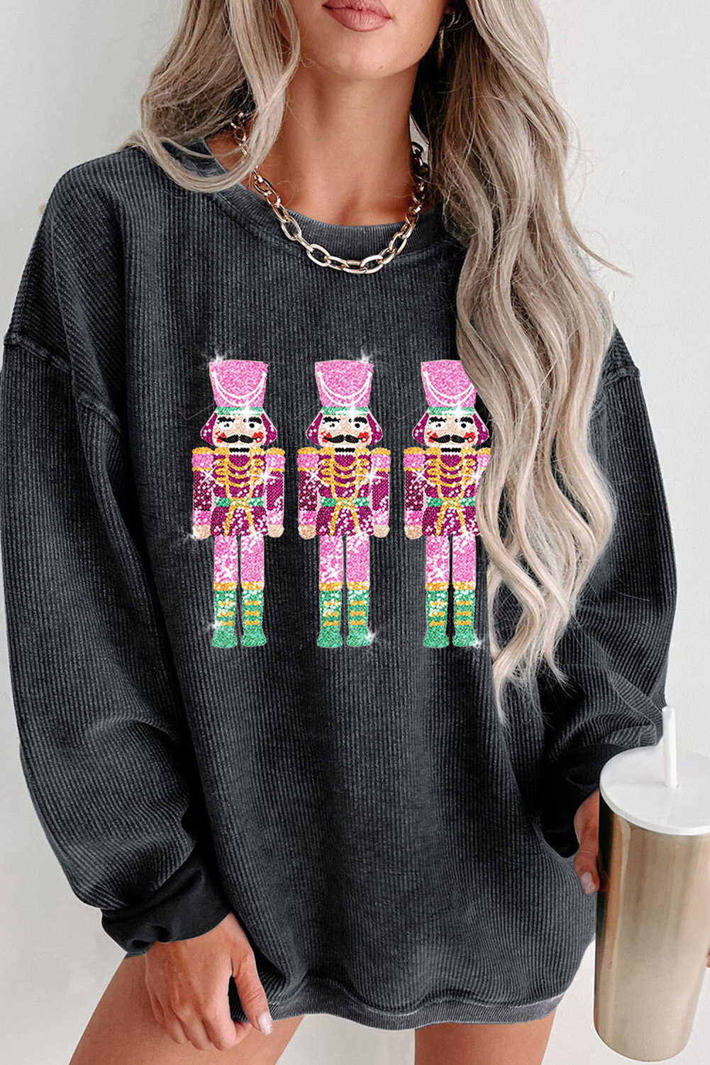 Black Nutcracker Graphic Sequins Patch Mineral Wash Corded Sweatshirt