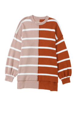 Brown Contrast Striped Print Dropped Shoulder Oversized Top