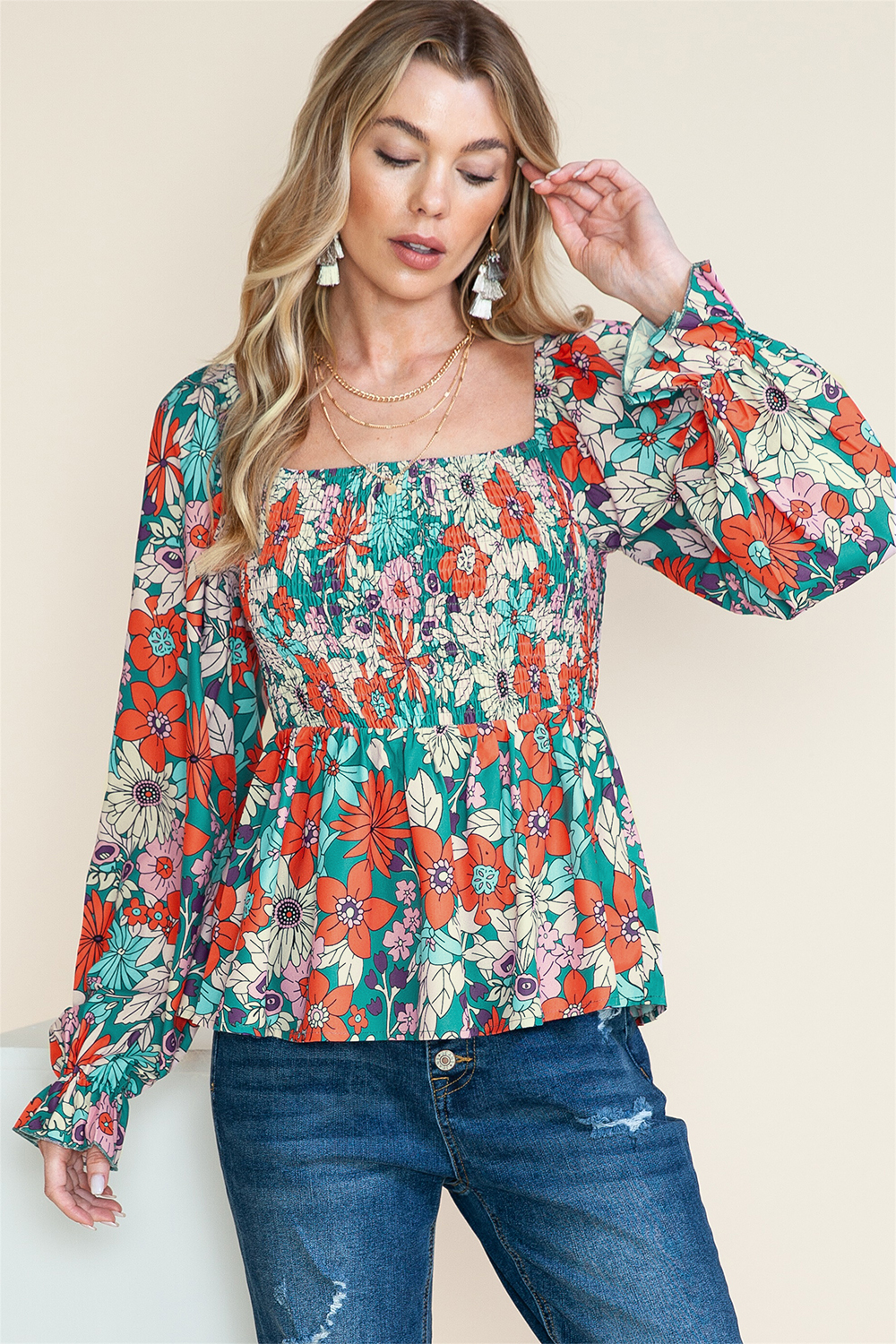 Floral Print Smocked Square Neck Boho Blouse | Shewin Wholesale