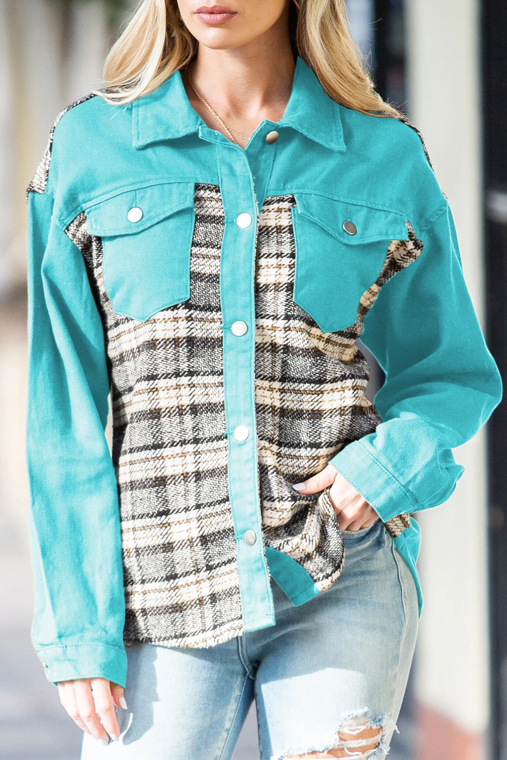 Beau Blue Plaid Print Patchwork Hooded Raw Hem Denim Jacket