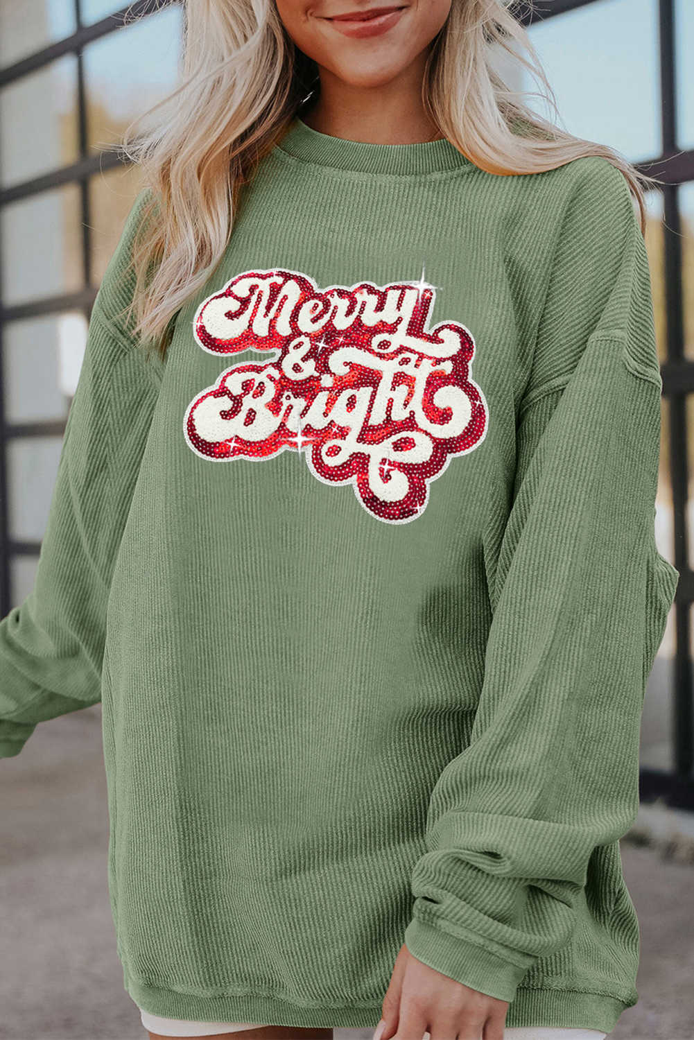 Grass Green Merry & Bright Sequins Patch Ribbed Graphic Sweatshirt