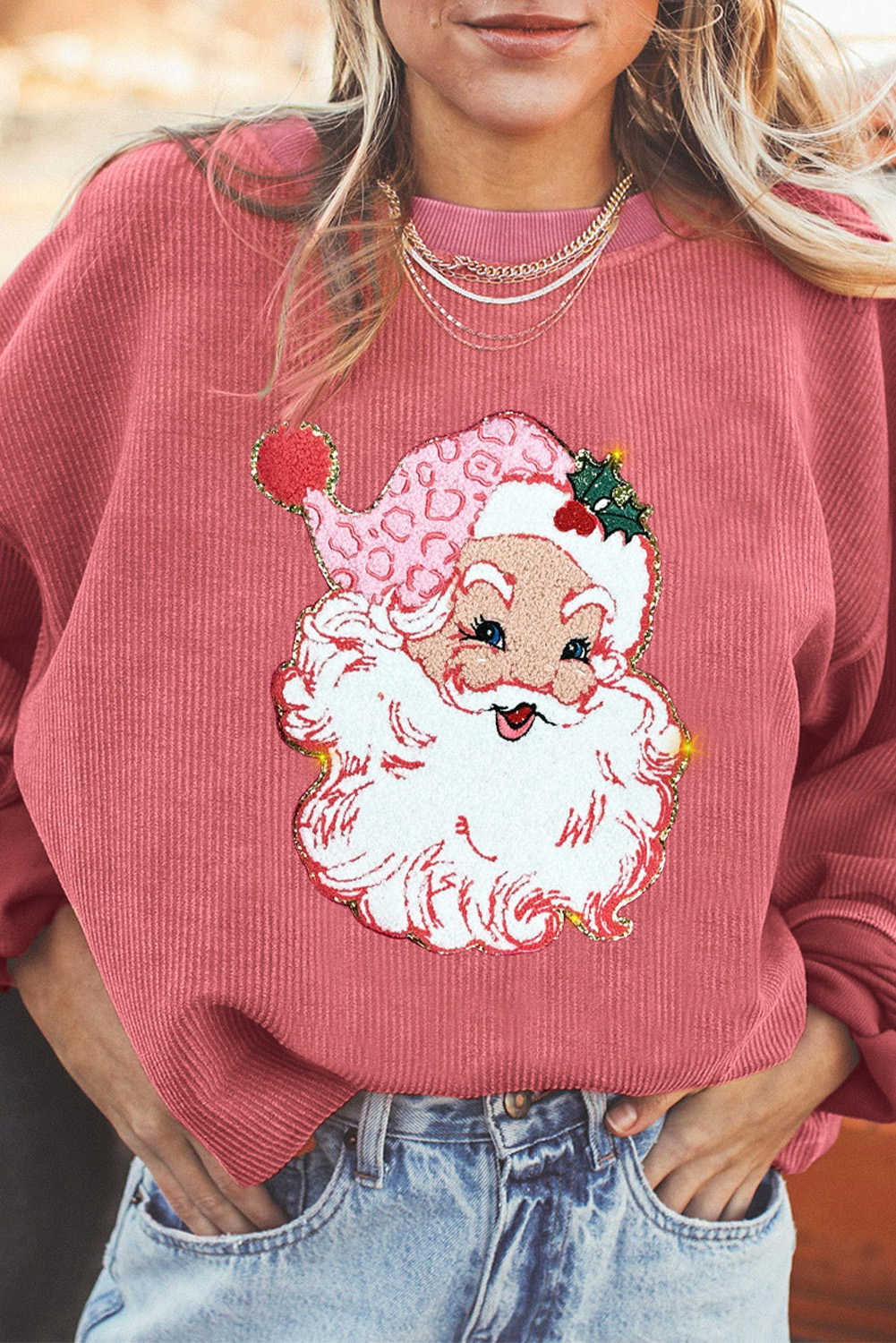 Strawberry Pink Sparkle Santa Claus Patch Application Corded Graphic Sweatshirt