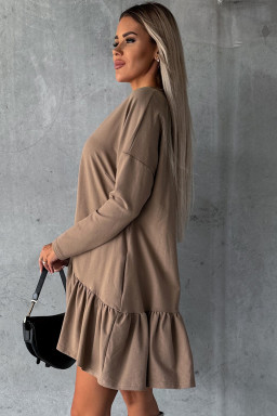 Chestnut Split Neck Long Sleeve Ruffled Loose Dress