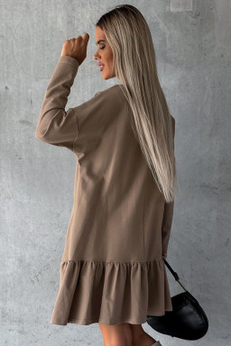 Chestnut Split Neck Long Sleeve Ruffled Loose Dress