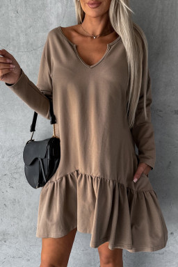 Chestnut Split Neck Long Sleeve Ruffled Loose Dress