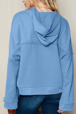 Light Blue Solid Patchwork Button Seam Trim Hoodie