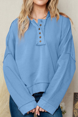 Light Blue Solid Patchwork Button Seam Trim Hoodie