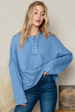 Light Blue Solid Patchwork Button Seam Trim Hoodie