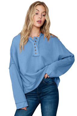Light Blue Solid Patchwork Button Seam Trim Hoodie