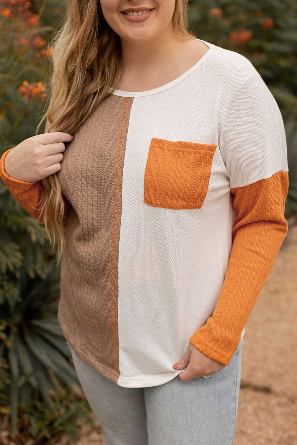 Top de patchwork amb textura de butxaca de talla gran de castanya