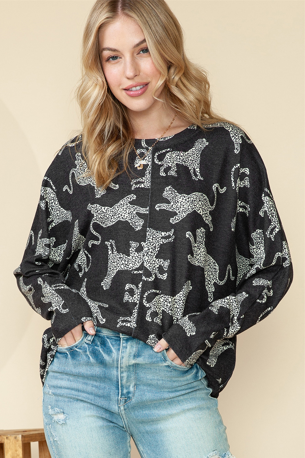 Black Cheetah Print Center Seamed Long Sleeve Top