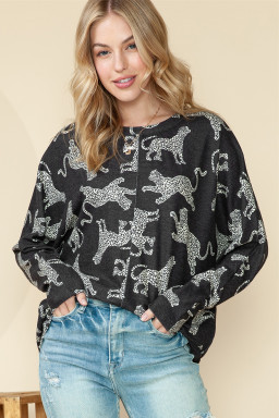 Black Cheetah Print Center Seamed Long Sleeve Top