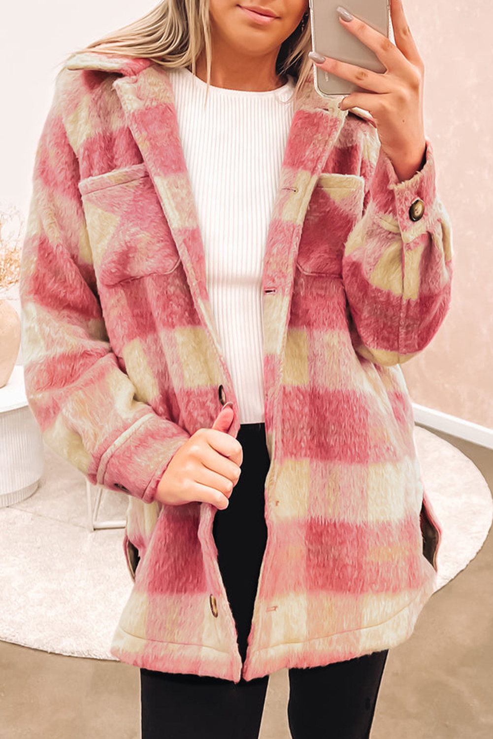 Textured Pocketed Collared Neck Long Sleeve Shacket