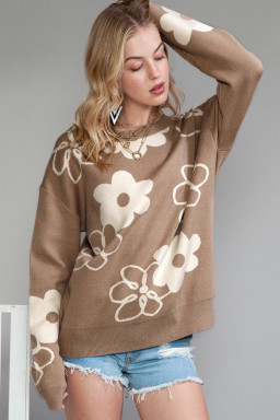 Camel 60s Floral Print Ribbed Contrast Sweater