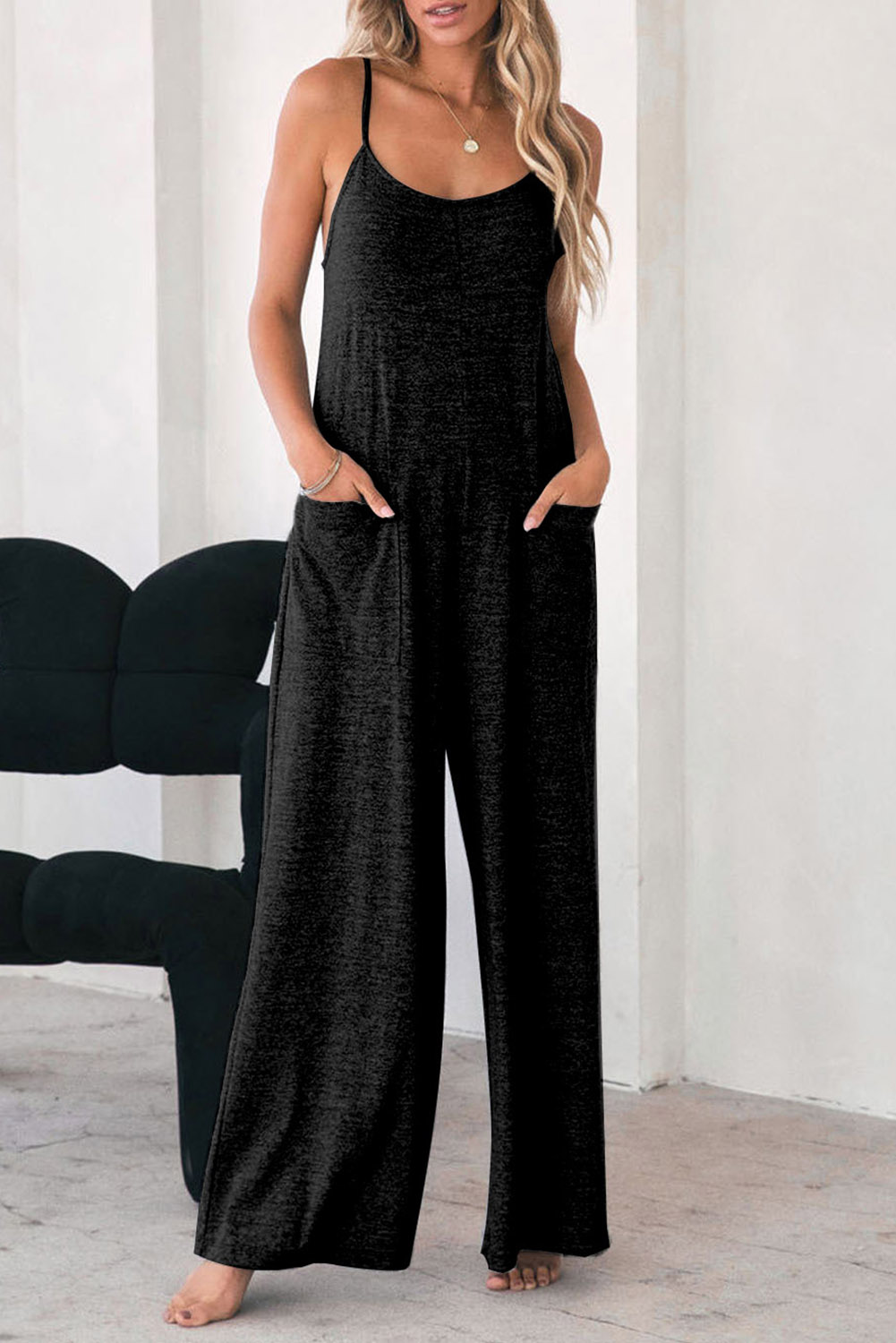 Shewin Wholesale CLOTHING Suppliers Black Loose Fit Side Pockets Spaghetti Strap Wide Leg Jumpsuit