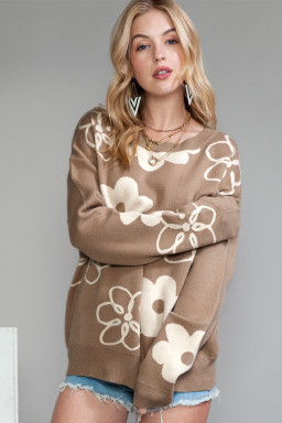 Camel 60s Floral Print Ribbed Contrast Sweater