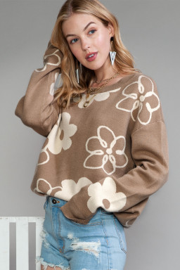 Camel 60s Floral Print Ribbed Contrast Sweater