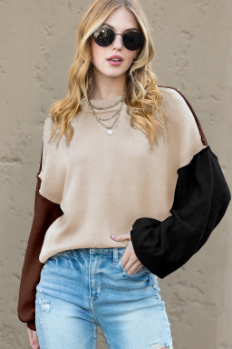 Brown Colorblock Bishop Sleeve Exposed Seam Ribbed Trim Sweater