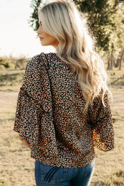 Chestnut Leopard Ruffle Flounce Sleeve Blouse