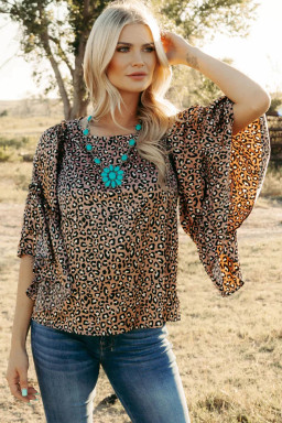 Chestnut Leopard Ruffle Flounce Sleeve Blouse