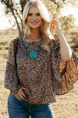 Chestnut Leopard Ruffle Flounce Sleeve Blouse