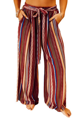 Red Boho Ethnic Striped Print Tie Waist Wide Leg Pants