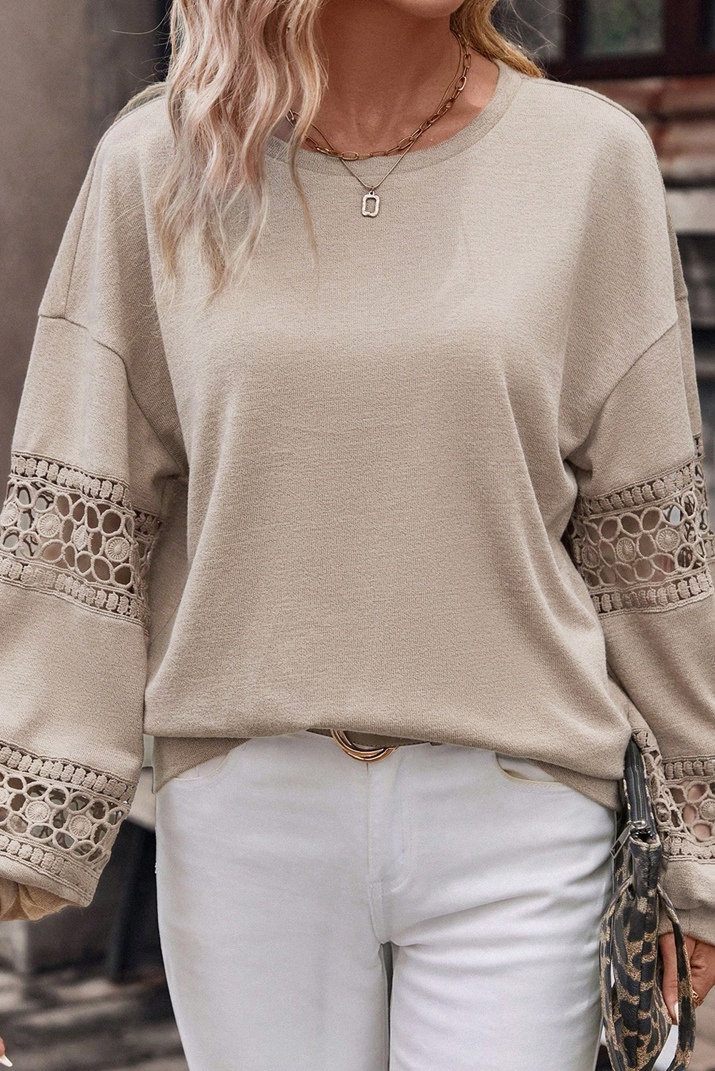 Pre-Order Orange Hollowed Lace Splicing Puff Sleeve Blouse