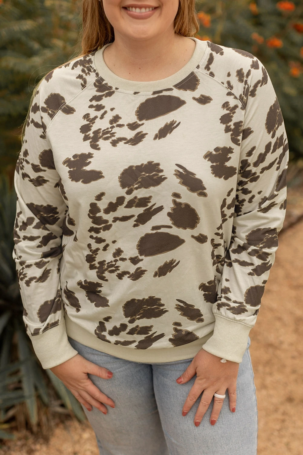 Bright White Plus Size Crew Neck Animal Print Pullover Sweatshirt