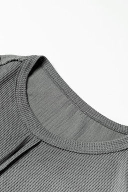 Gray Waffle and Crinkle Patchwork Long Sleeve Top