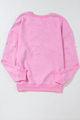 Pink Pearl Decor Ribbed Contrast Round Neck Sweatshirt