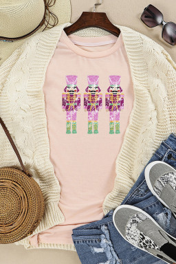 Pink Casual Glitter Nutcracker Graphic Round Neck Tee
